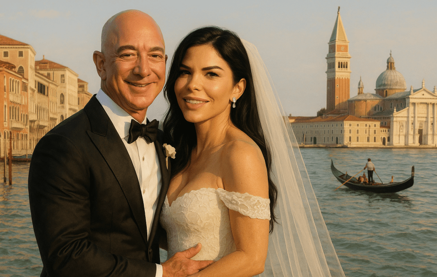 Jeff Bezos e la moglie Laren Sanchez in una immagine creata con Chat Gpt