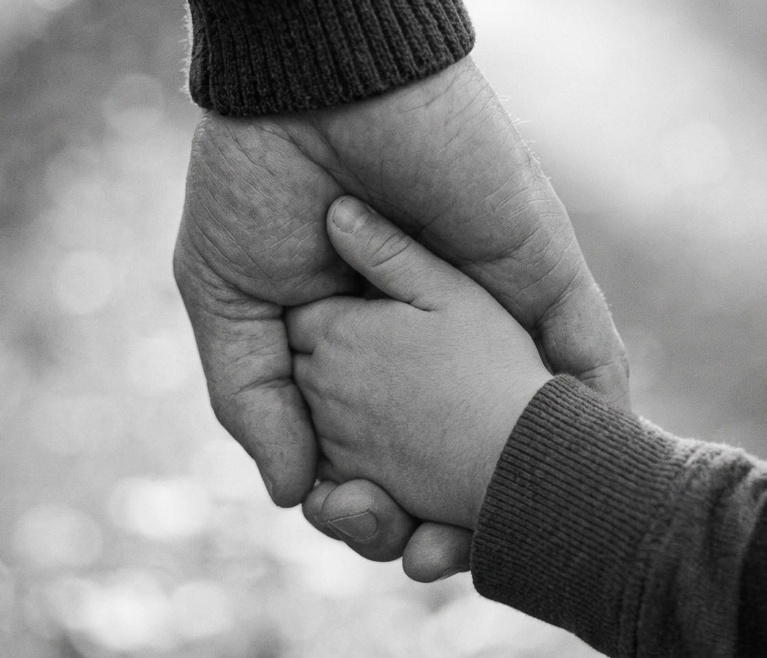 Father and son holding hands walking on tree-lined path with fallen leaves